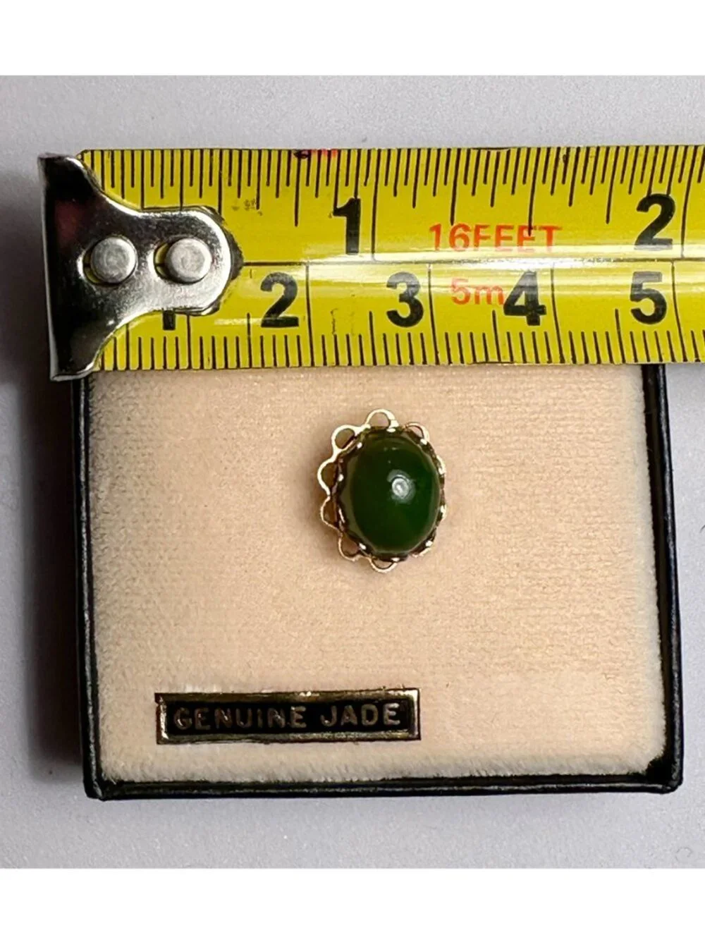 Vintage Genuine Jade Oval Cabochon Tie Tack Gold Tone Clutch Chain New in Box